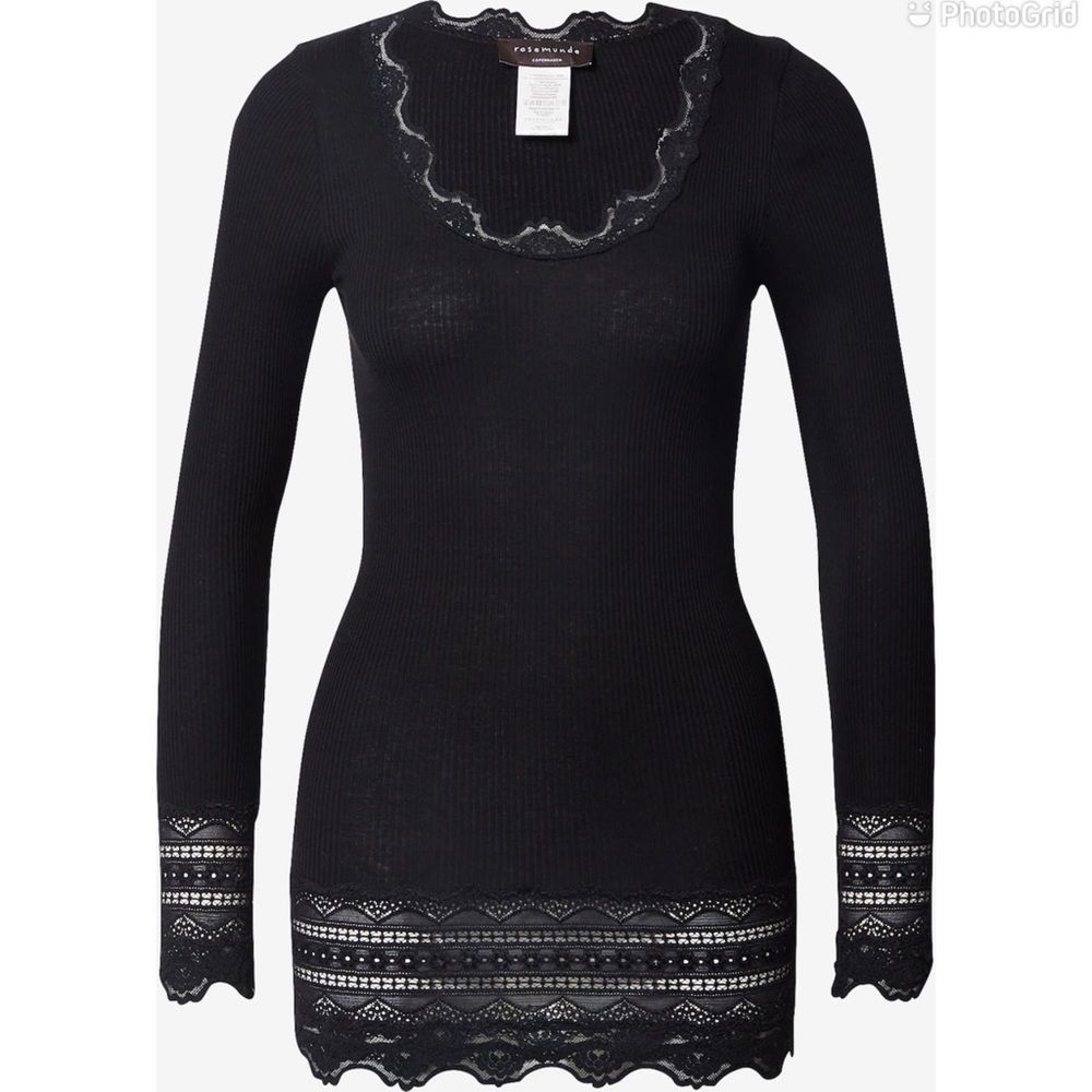 NWT Rosemunde Copenhagen Vintage Silk T-shirt W/Wide Lace Long Sleeve Size XL